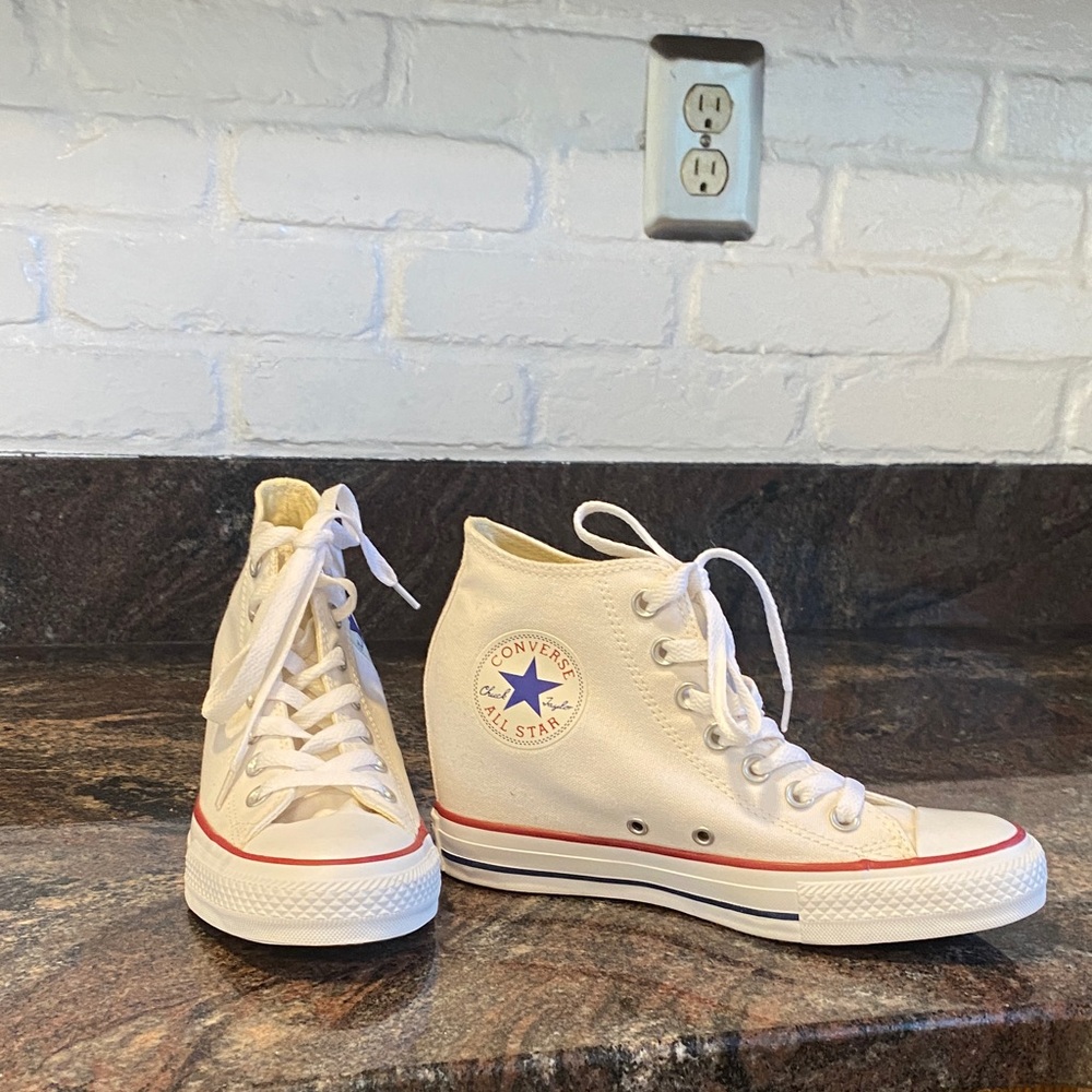 Converse All Star High Top White Athletic Shoes.  WEDGE HEEL.